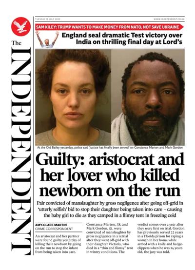 The Independent (UK) Newspaper Front Page for 15 July 2025