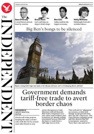 The Independent Newspaper Front Page for 15 August 2017