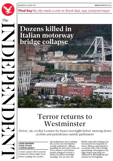 The Independent Newspaper Front Page for 15 August 2018