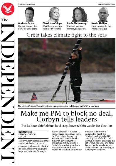The Independent Newspaper Front Page for 15 August 2019