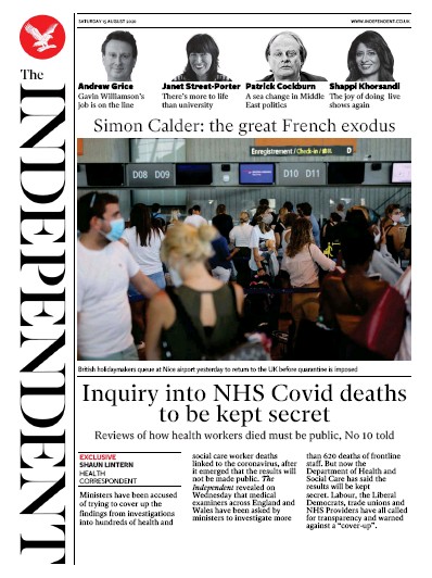 The Independent (UK) Newspaper Front Page for 15 August 2020