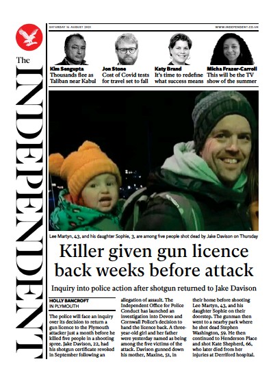 The Independent (UK) Newspaper Front Page for 15 August 2021