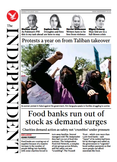 The Independent (UK) Newspaper Front Page for 15 August 2022
