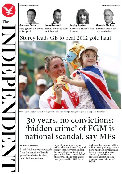 The Independent Newspaper Front Page for 15 September 2016