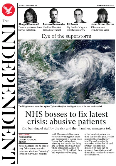 The Independent Newspaper Front Page for 15 September 2018