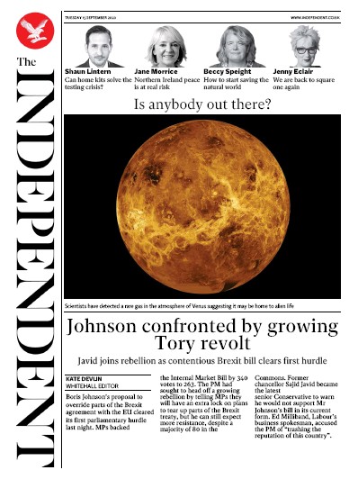 The Independent Newspaper Front Page for 15 September 2020