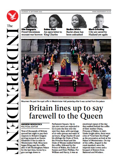 The Independent (UK) Newspaper Front Page for 15 September 2022