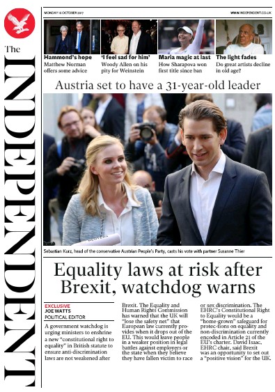 The Independent Newspaper Front Page for 16 October 2017