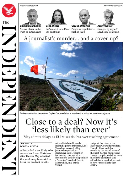 The Independent Newspaper Front Page for 16 October 2018