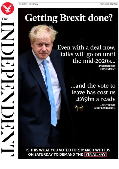The Independent (UK) Newspaper Front Page for 16 October 2019