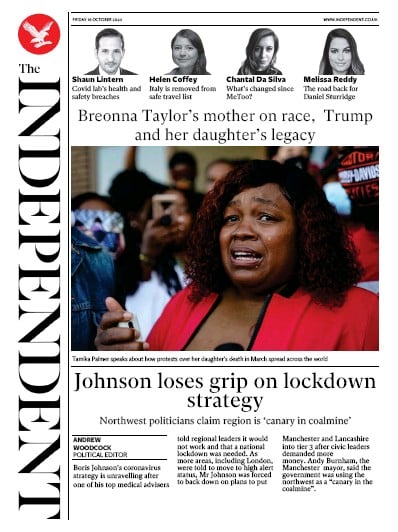 The Independent Newspaper Front Page for 16 October 2020