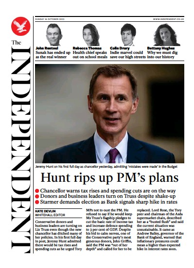 The Independent Newspaper Front Page for 16 October 2022