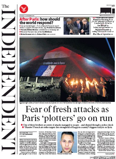 The Independent Newspaper Front Page for 16 November 2015