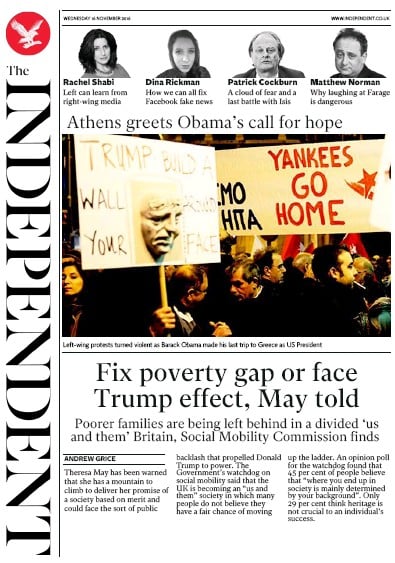 The Independent (UK) Newspaper Front Page for 16 November 2016