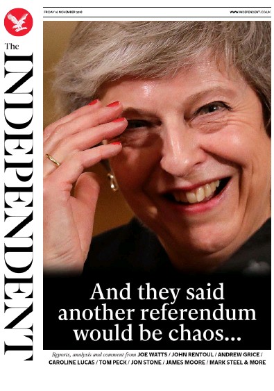 The Independent Newspaper Front Page for 16 November 2018