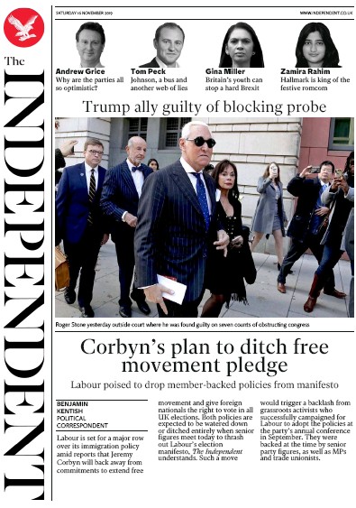The Independent Newspaper Front Page for 16 November 2019