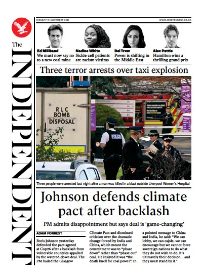 The Independent (UK) Newspaper Front Page for 16 November 2021