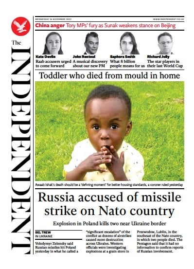 The Independent (UK) Newspaper Front Page for 16 November 2022