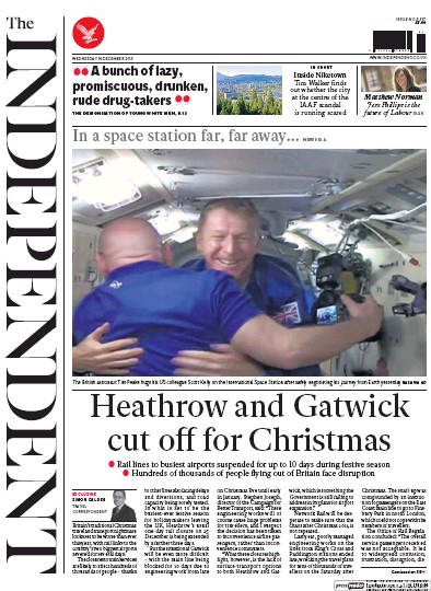 The Independent (UK) Newspaper Front Page for 16 December 2015