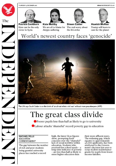 The Independent Newspaper Front Page for 16 December 2016