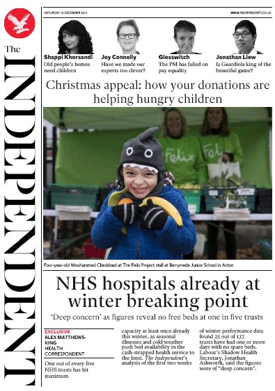 The Independent Newspaper Front Page for 16 December 2017