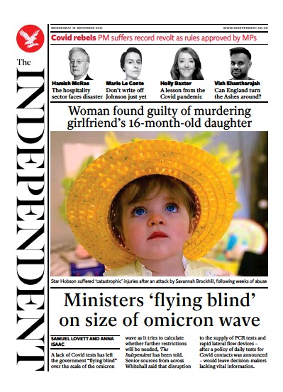 The Independent (UK) Newspaper Front Page for 16 December 2021