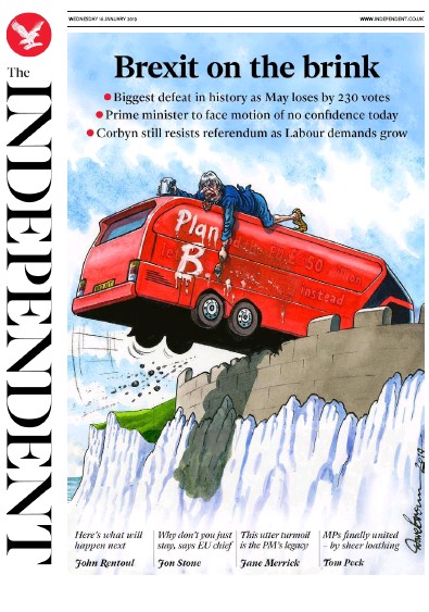 The Independent (UK) Newspaper Front Page for 16 January 2019