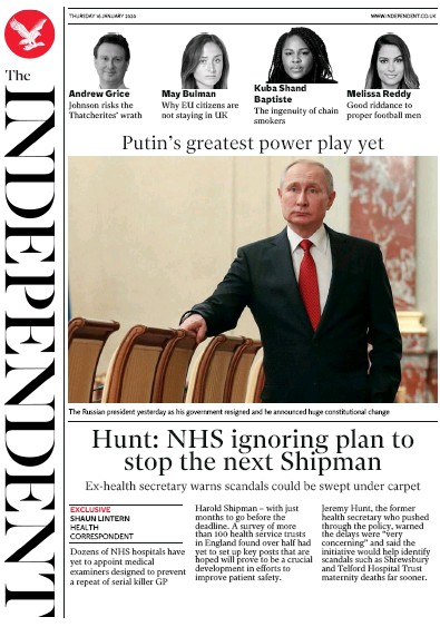 The Independent (UK) Newspaper Front Page for 16 January 2020