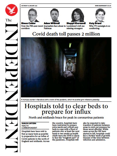 The Independent (UK) Newspaper Front Page for 16 January 2021
