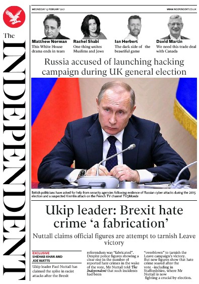 The Independent (UK) Newspaper Front Page for 16 February 2017