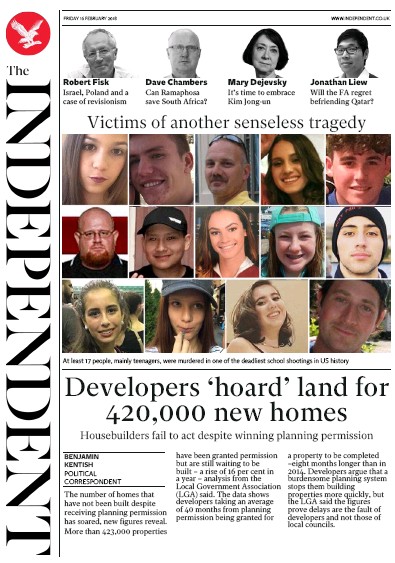The Independent Newspaper Front Page for 16 February 2018