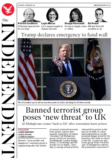 The Independent Newspaper Front Page for 16 February 2019