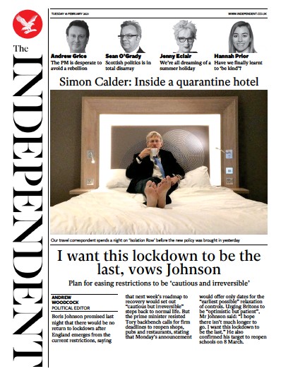 The Independent (UK) Newspaper Front Page for 16 February 2021