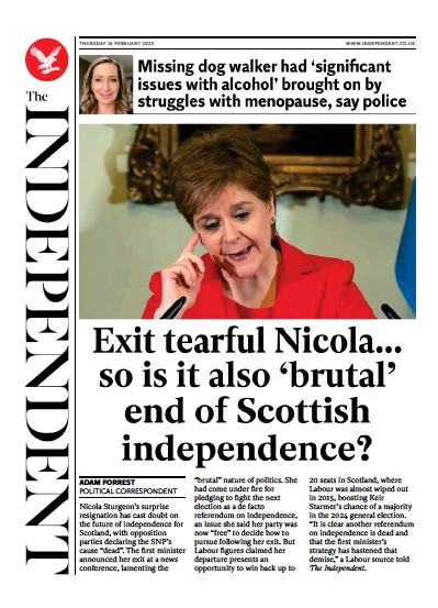 The Independent (UK) Newspaper Front Page for 16 February 2023