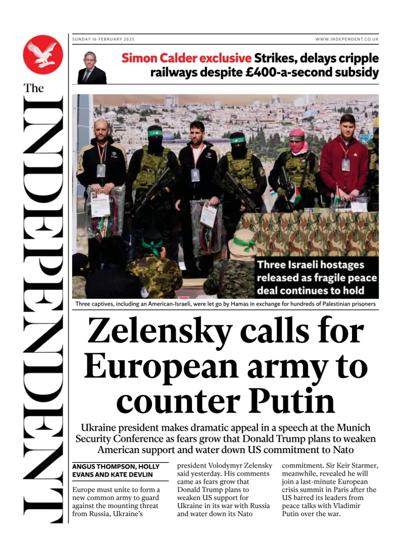 The Independent (UK) Newspaper Front Page for 16 February 2025