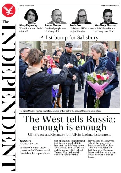 The Independent (UK) Newspaper Front Page for 16 March 2018