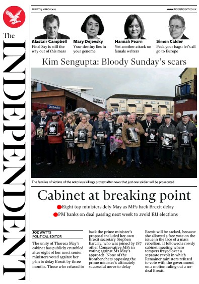 The Independent (UK) Newspaper Front Page for 16 March 2019