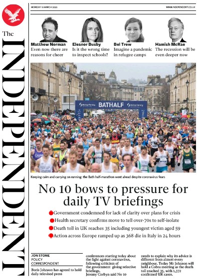 The Independent (UK) Newspaper Front Page for 16 March 2020