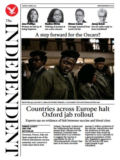 The Independent (UK) Newspaper Front Page for 16 March 2021