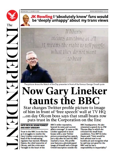 The Independent (UK) Newspaper Front Page for 16 March 2023
