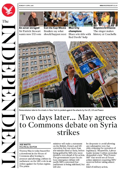 The Independent Newspaper Front Page for 16 April 2018