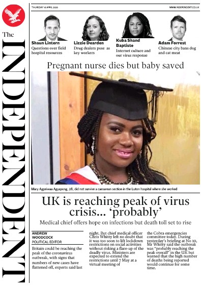 The Independent Newspaper Front Page for 16 April 2020