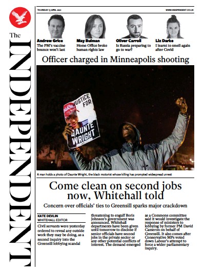 The Independent (UK) Newspaper Front Page for 16 April 2021