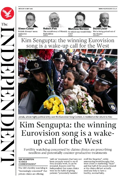 The Independent (UK) Newspaper Front Page for 16 May 2016