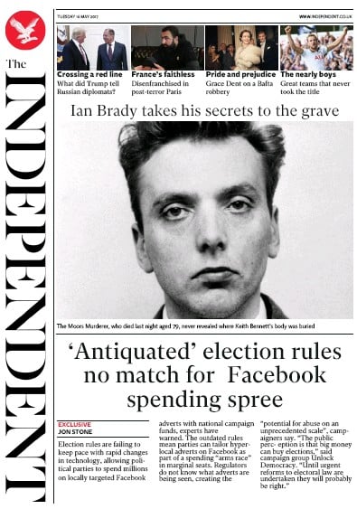 The Independent Newspaper Front Page for 16 May 2017