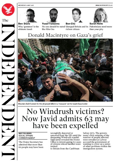 The Independent Newspaper Front Page for 16 May 2018