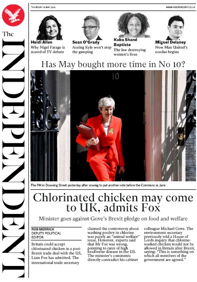 The Independent (UK) Newspaper Front Page for 16 May 2019
