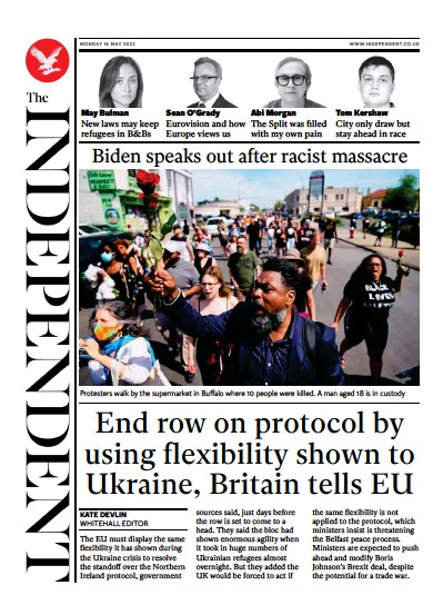 The Independent (UK) Newspaper Front Page for 16 May 2022