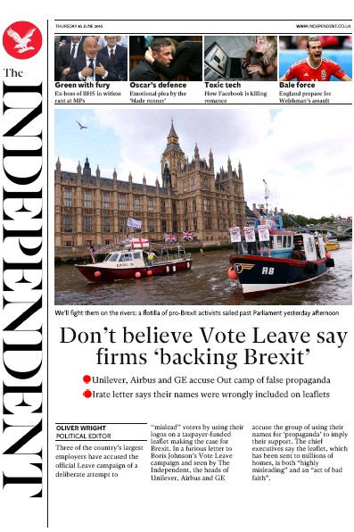 The Independent Newspaper Front Page for 16 June 2016