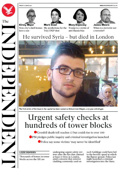 The Independent Newspaper Front Page for 16 June 2017